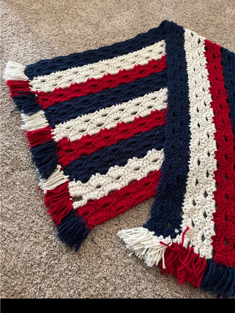 Hand Knit Crochet Red/White/Blue Blanket with tassels - Picture 9 of 12